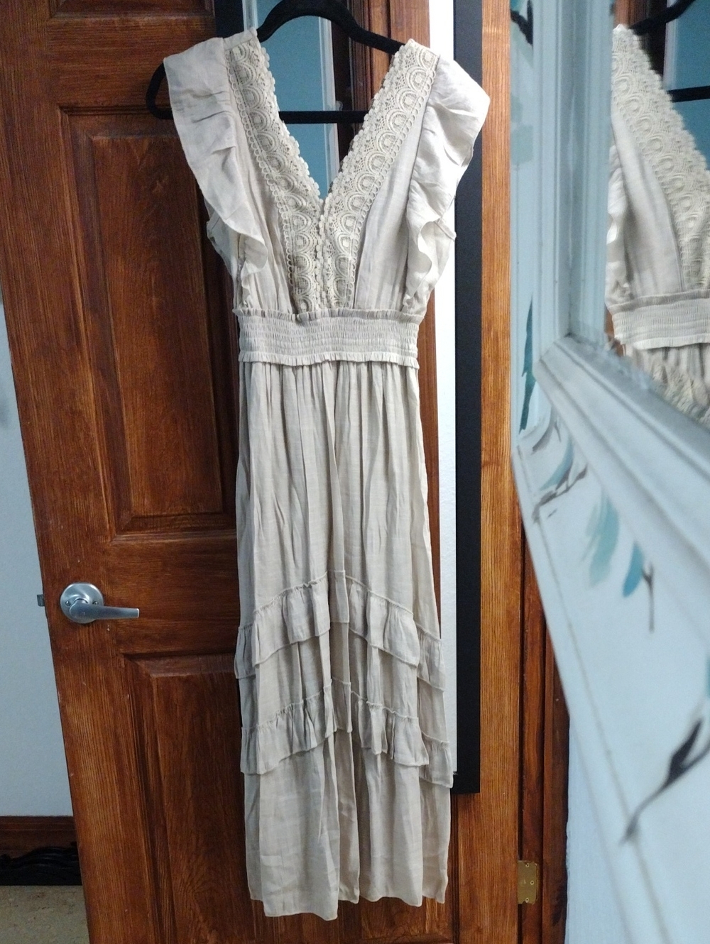 Bohemian Lace-Trim Maxi Dress in Beige
